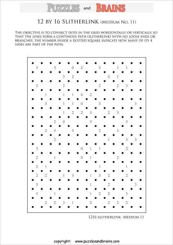 printable 12 by 16 medium level Slitherlink logic puzzles for kids and adults