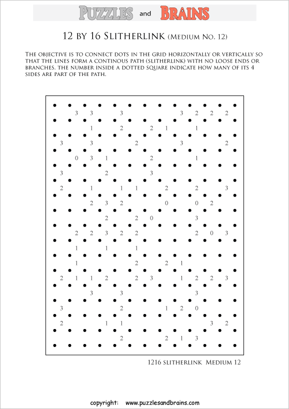 printable 12 by 16 medium level Slitherlink logic puzzles for kids and adults