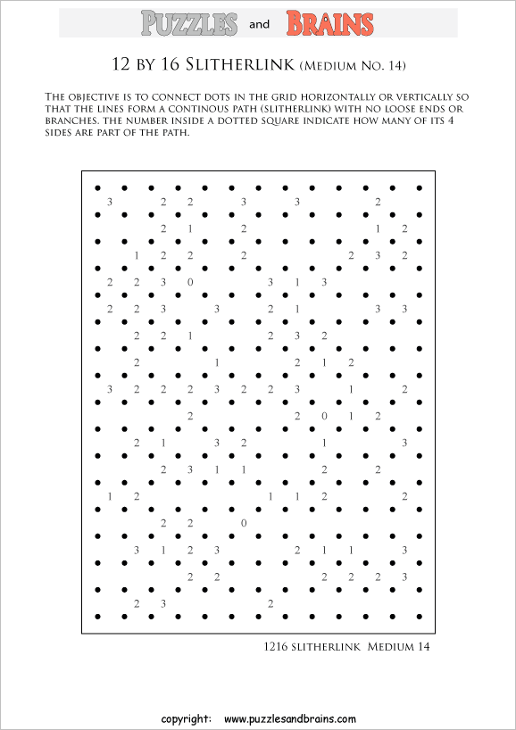 printable 12 by 16 medium level Slitherlink logic puzzles for kids and adults