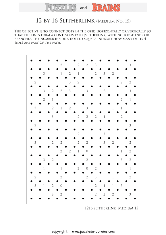 printable 12 by 16 medium level Slitherlink logic puzzles for kids and adults