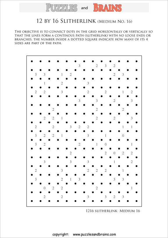 printable 12 by 16 medium level Slitherlink logic puzzles for kids and adults