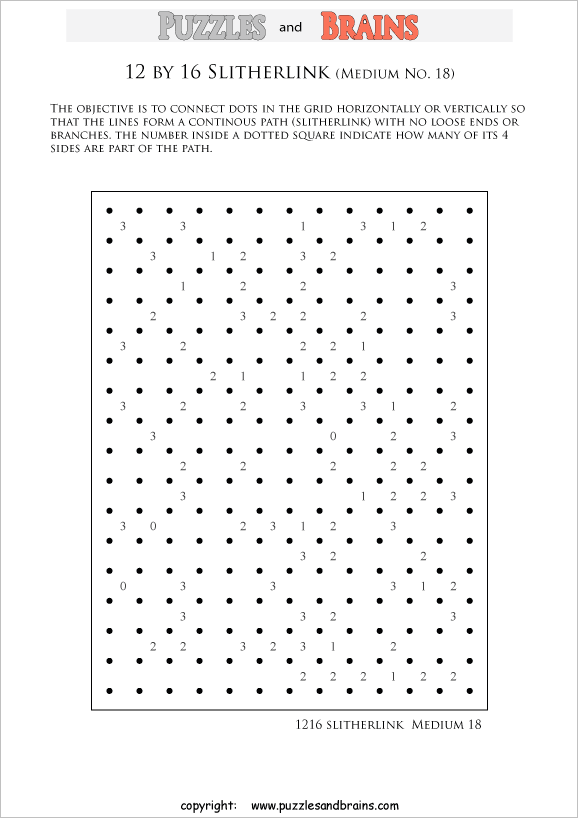 printable 12 by 16 medium level Slitherlink logic puzzles for kids and adults