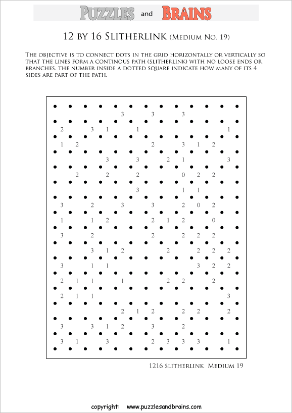 printable 12 by 16 medium level Slitherlink logic puzzles for kids and adults