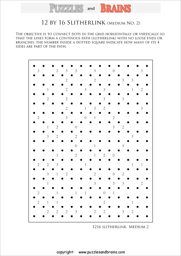 printable 12 by 16 medium level Slitherlink logic puzzles for kids and adults