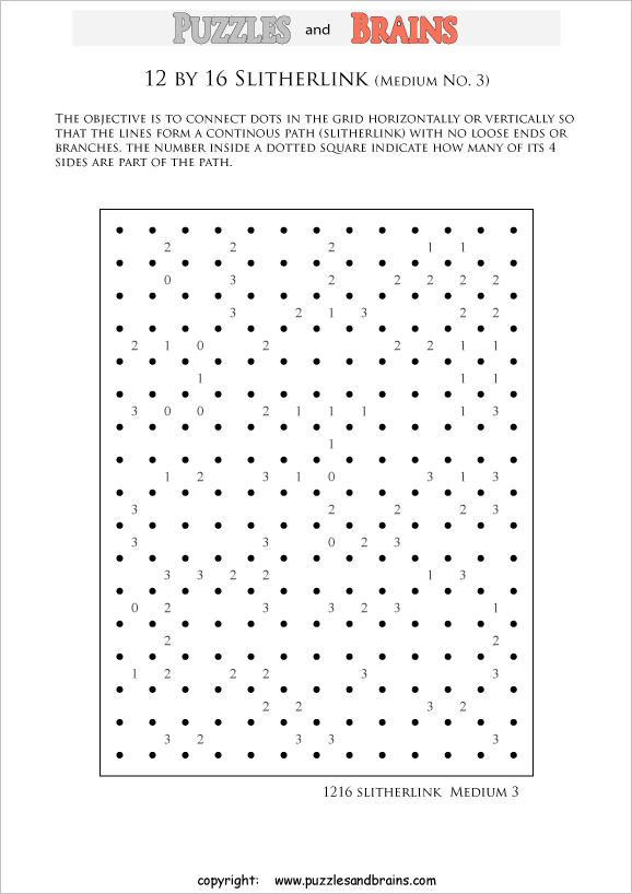 printable 12 by 16 medium level Slitherlink logic puzzles for kids and adults