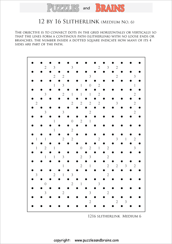 printable 12 by 16 medium level Slitherlink logic puzzles for kids and adults