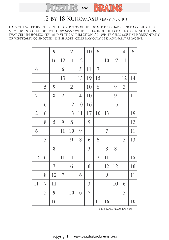 printable easier level 12 by 18 Kuromasu logic puzzles for young and old