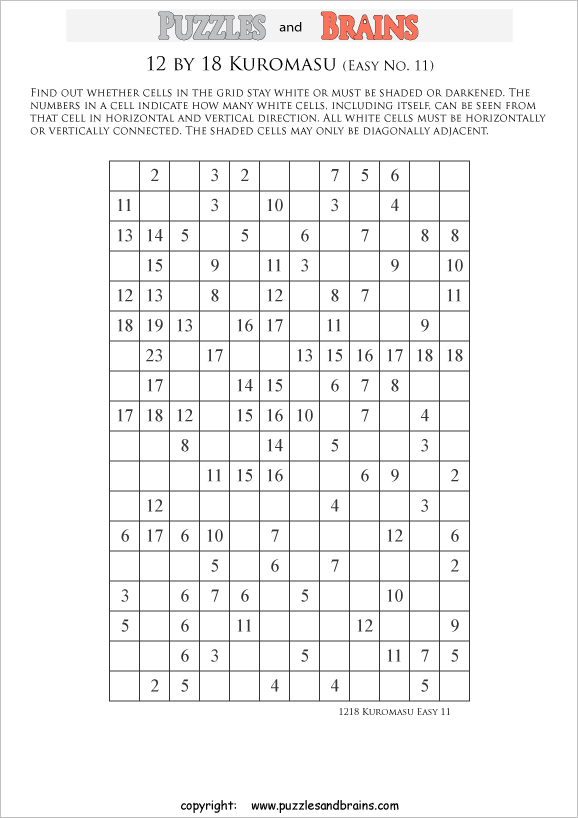 printable easier level 12 by 18 Kuromasu logic puzzles for young and old