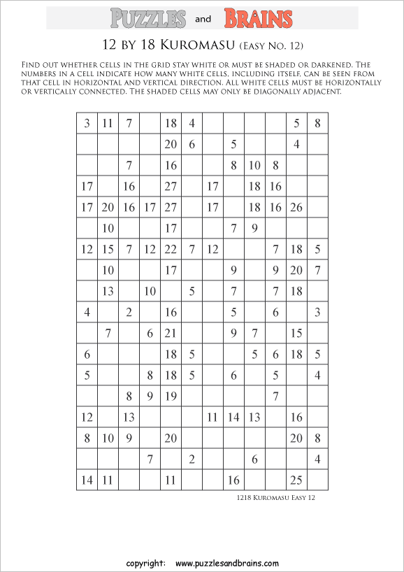 printable easier level 12 by 18 Kuromasu logic puzzles for young and old