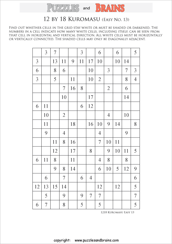 printable easier level 12 by 18 Kuromasu logic puzzles for young and old