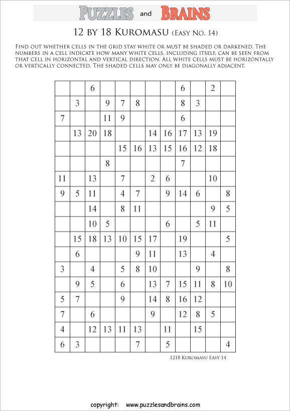 printable easier level 12 by 18 Kuromasu logic puzzles for young and old