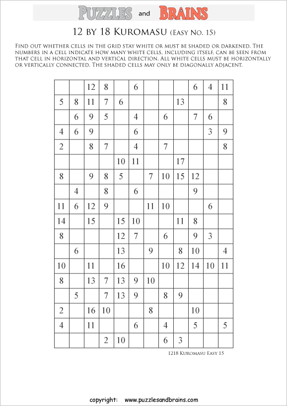 printable easier level 12 by 18 Kuromasu logic puzzles for young and old