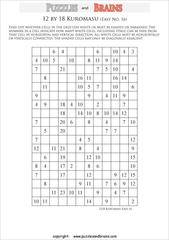 printable easier level 12 by 18 Kuromasu logic puzzles for young and old