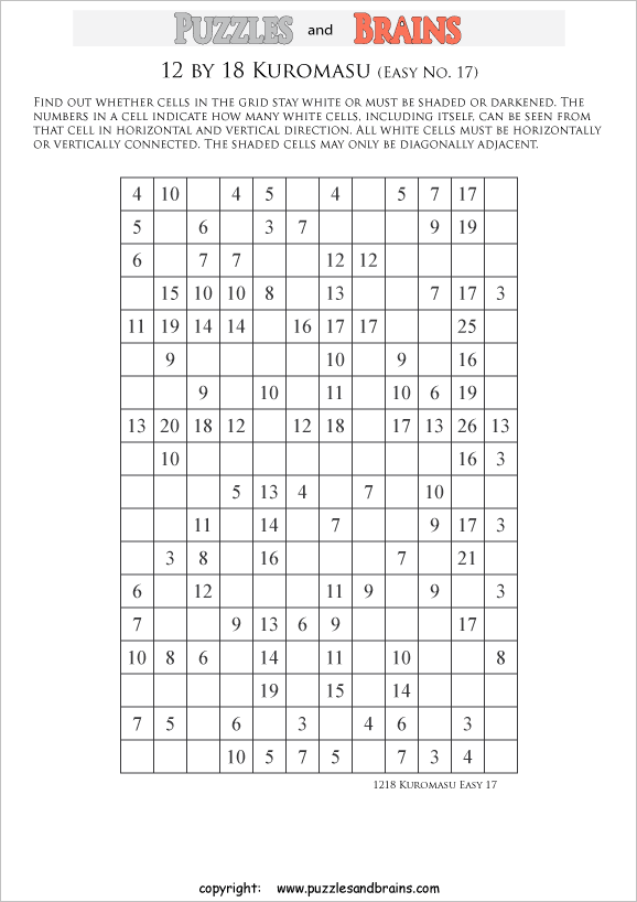 printable easier level 12 by 18 Kuromasu logic puzzles for young and old