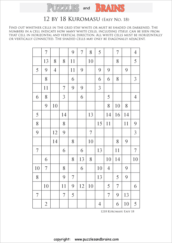 printable easier level 12 by 18 Kuromasu logic puzzles for young and old