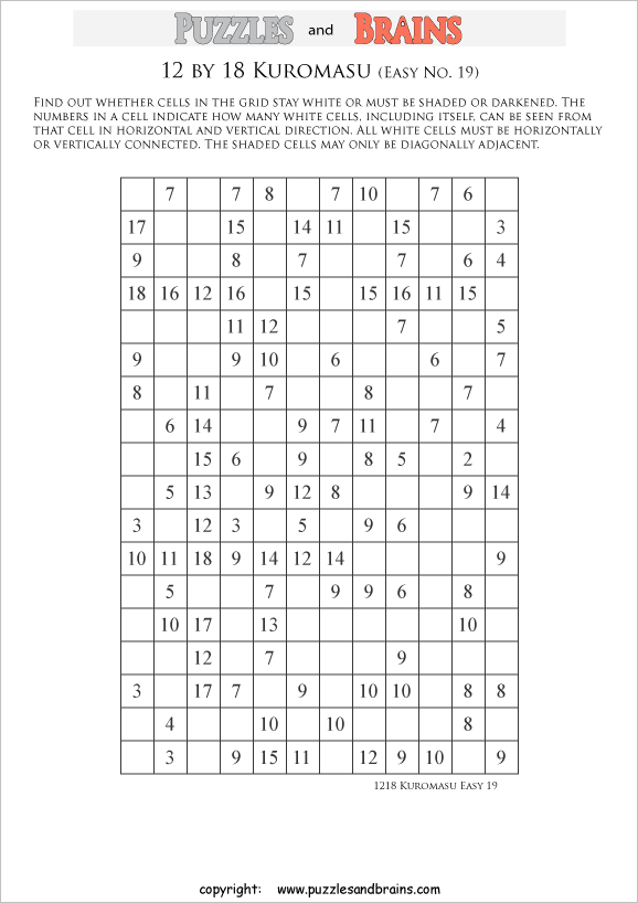 printable easier level 12 by 18 Kuromasu logic puzzles for young and old