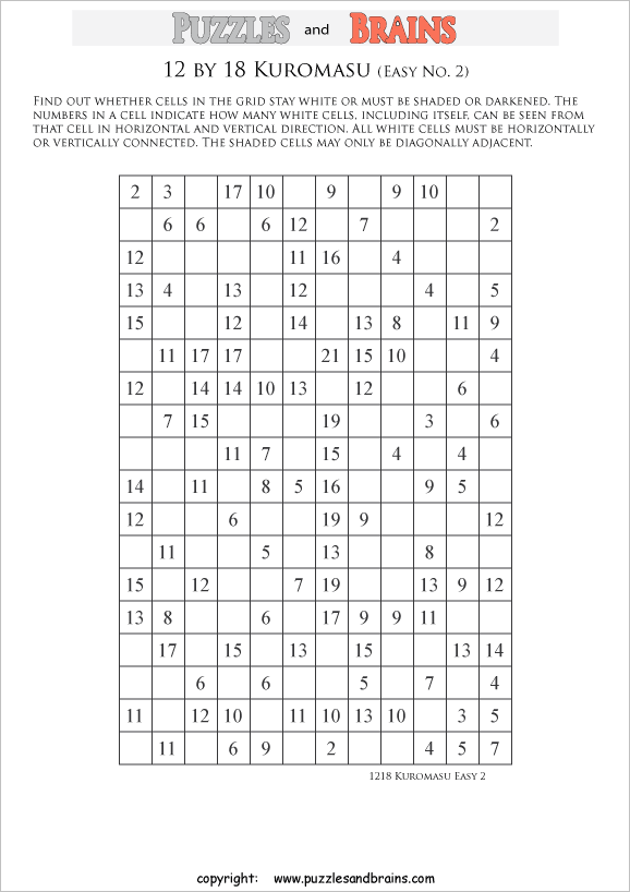 printable easier level 12 by 18 Kuromasu logic puzzles for young and old