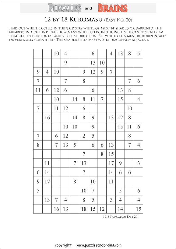 printable easier level 12 by 18 Kuromasu logic puzzles for young and old