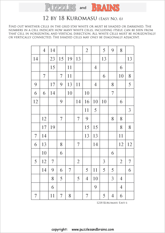 printable easier level 12 by 18 Kuromasu logic puzzles for young and old