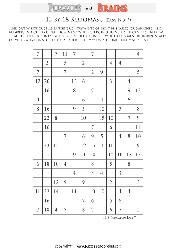 printable easier level 12 by 18 Kuromasu logic puzzles for young and old