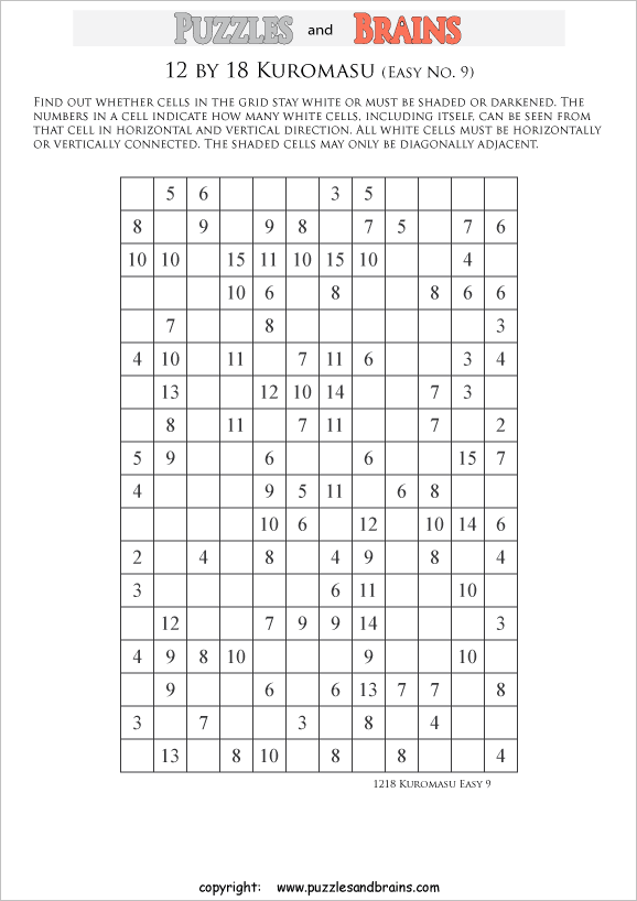 printable easier level 12 by 18 Kuromasu logic puzzles for young and old