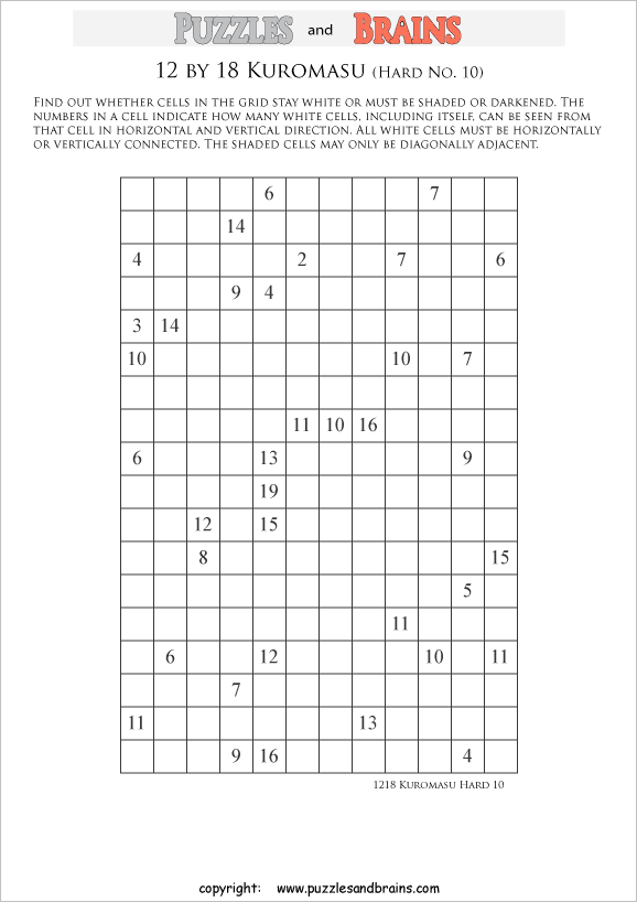 printable difficult level 12 by 18 kuromasu logic puzzles