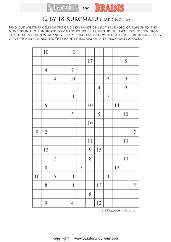 printable difficult level 12 by 18 Kuromasu logic puzzles for young and old