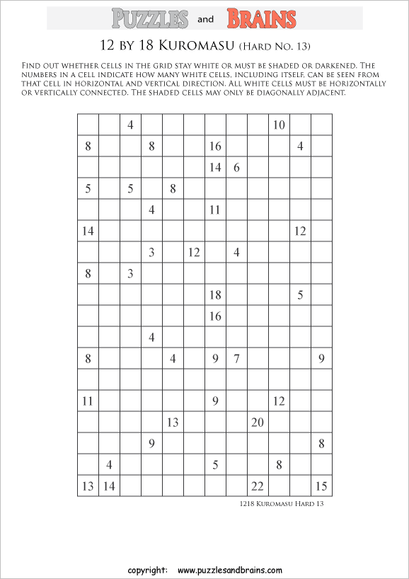 printable difficult level 12 by 18 Kuromasu logic puzzles for young and old