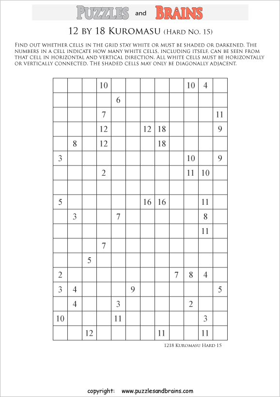 printable difficult level 12 by 18 Kuromasu logic puzzles for young and old