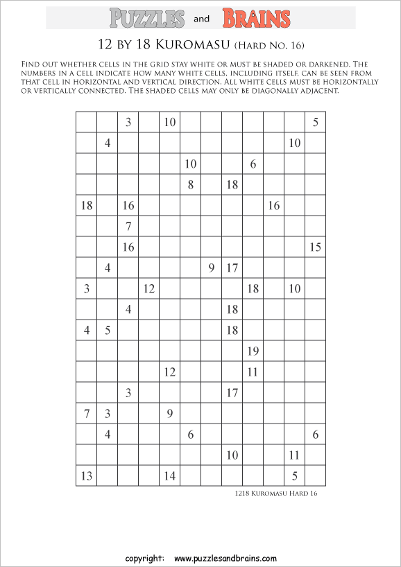 printable difficult level 12 by 18 Kuromasu logic puzzles for young and old