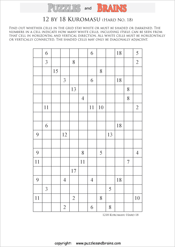 printable difficult level 12 by 18 Kuromasu logic puzzles for young and old