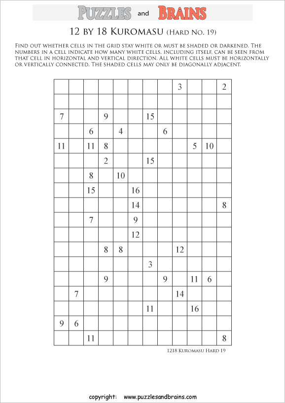 printable difficult level 12 by 18 kuromasu logic puzzles