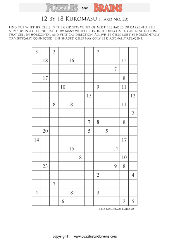 printable difficult level 12 by 18 kuromasu logic puzzles for young and old