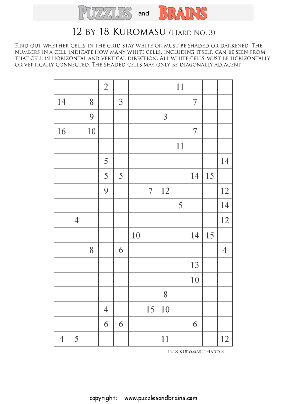 printable difficult level 12 by 18 Kuromasu logic puzzles for young and old