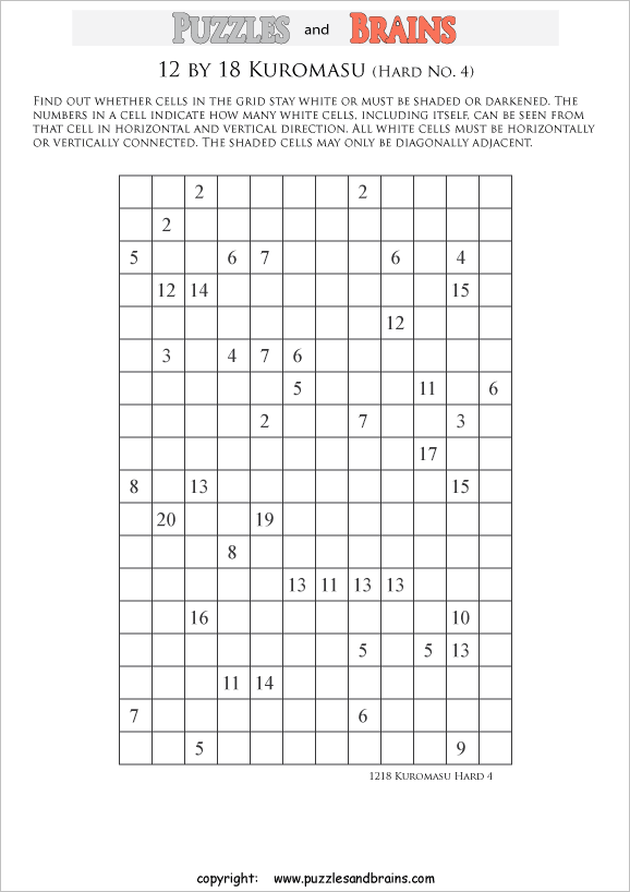 printable difficult level 12 by 18 Kuromasu logic puzzles for young and old