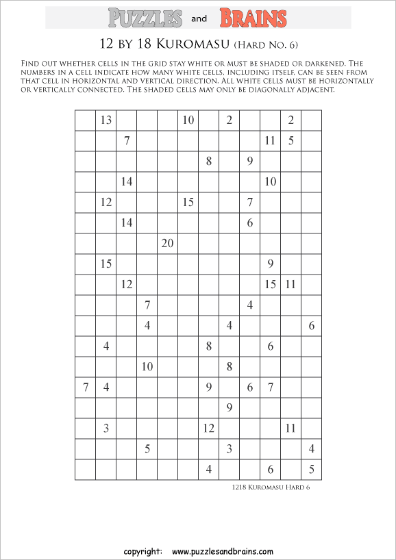 printable difficult level 12 by 18 Kuromasu logic puzzles for young and old