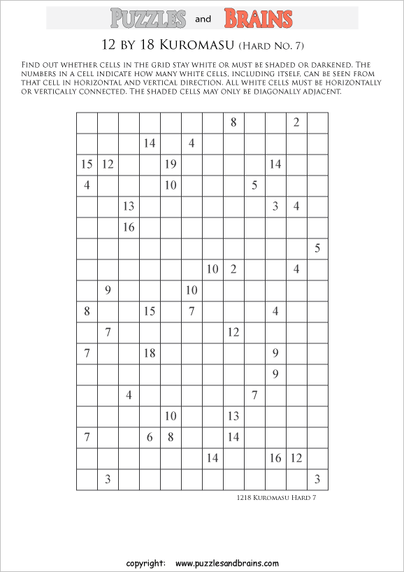 printable difficult level 12 by 18 Kuromasu logic puzzles for young and old