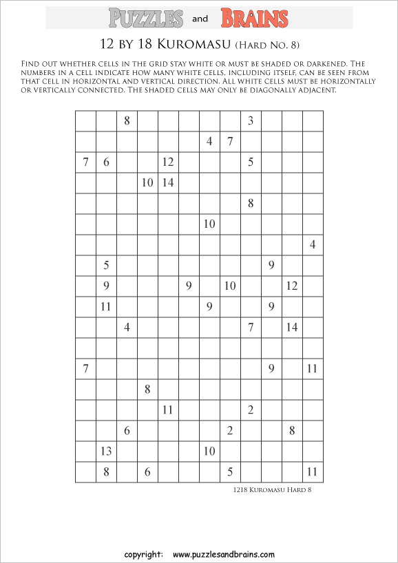 printable difficult level 12 by 18 Kuromasu logic puzzles for young and old