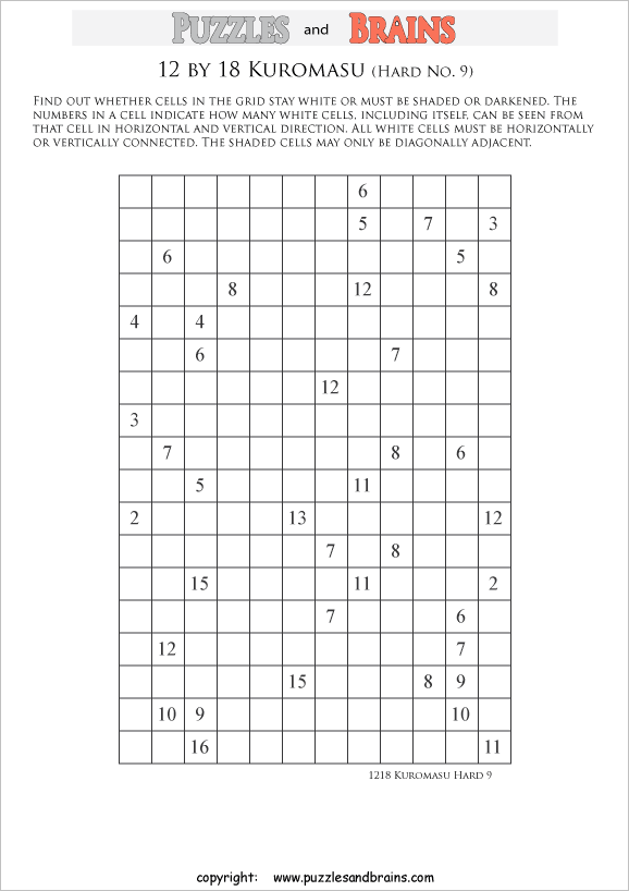 printable difficult level 12 by 18 Kuromasu logic puzzles for young and old