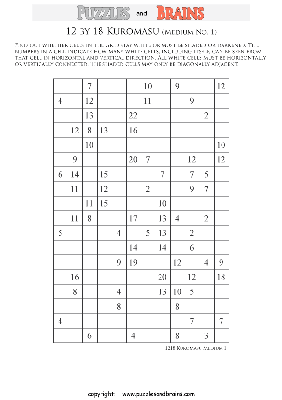 printable medium level 12 by 18 Kuromasu logic puzzles for young and old