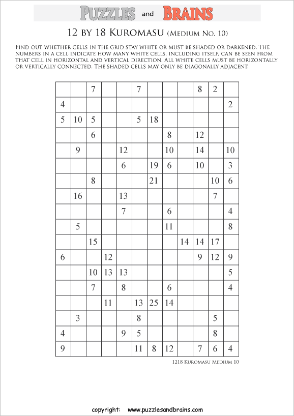 printable medium level 12 by 18 Kuromasu logic puzzles for young and old