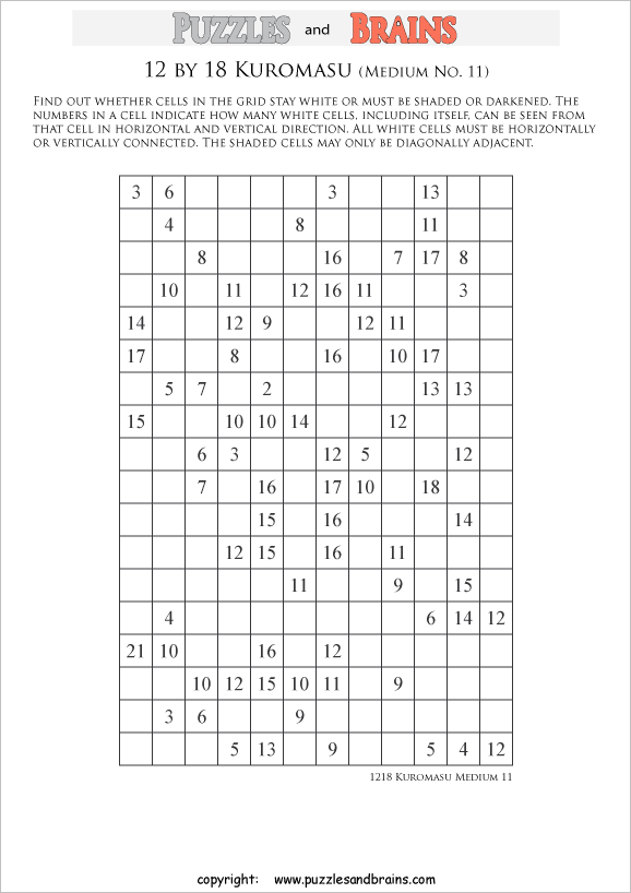 printable medium level 12 by 18 Kuromasu logic puzzles for young and old