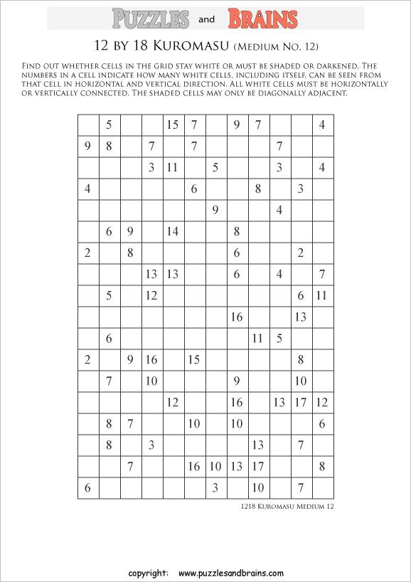 printable medium level 12 by 18 Kuromasu logic puzzles for young and old