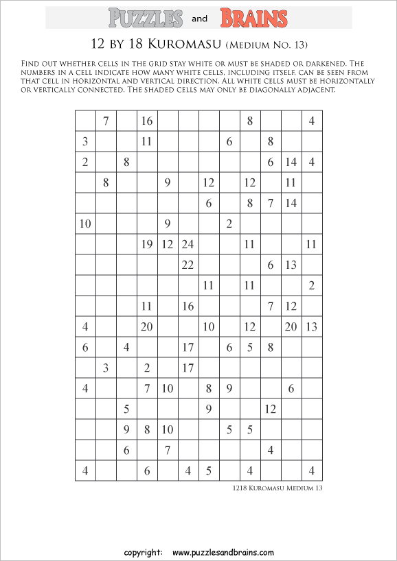 printable medium level 12 by 18 Kuromasu logic puzzles for young and old