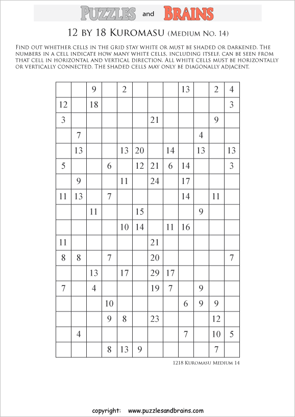 printable medium level 12 by 18 Kuromasu logic puzzles for young and old