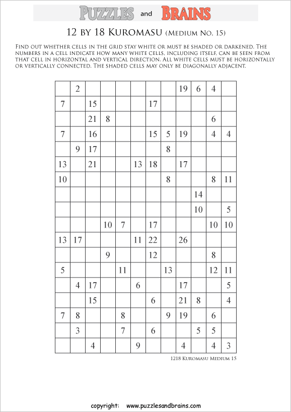 printable medium level 12 by 18 Kuromasu logic puzzles for young and old