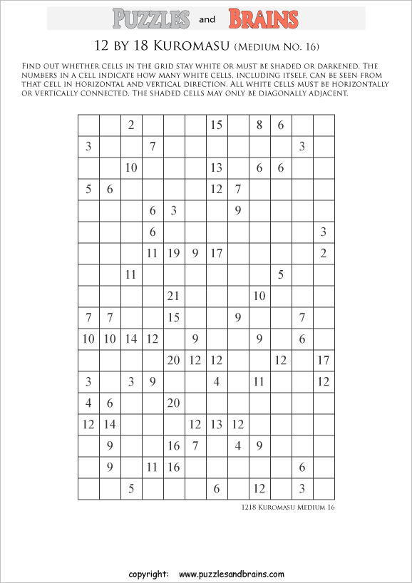 printable medium level 12 by 18 Kuromasu logic puzzles for young and old