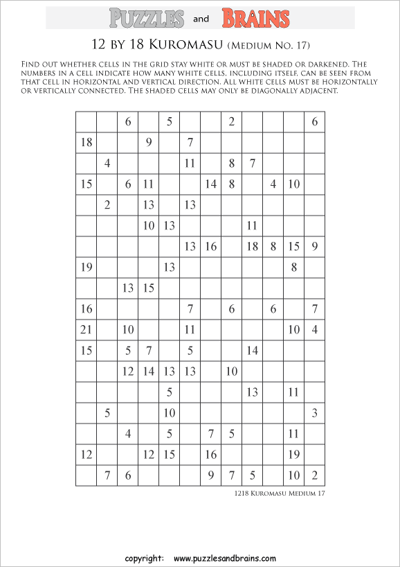 printable medium level 12 by 18 Kuromasu logic puzzles for young and old