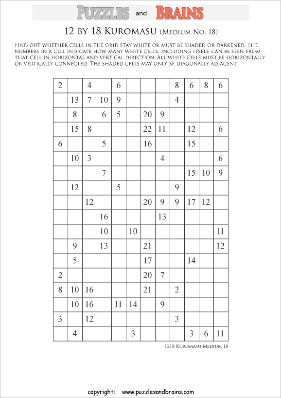 printable medium level 12 by 18 Kuromasu logic puzzles for young and old