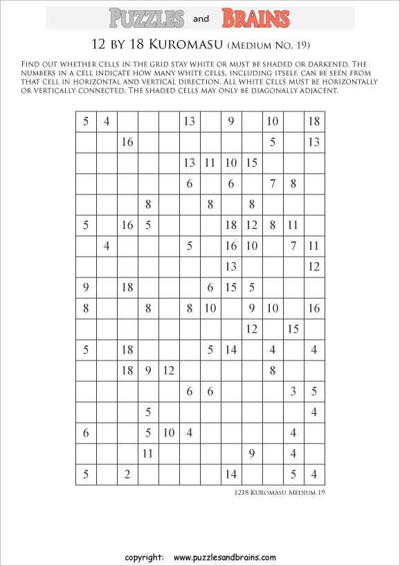 printable medium level 12 by 18 Kuromasu logic puzzles for young and old